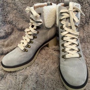 VICI Collection Conquest Heeled Shearling Lace Up Boot - Light Grey